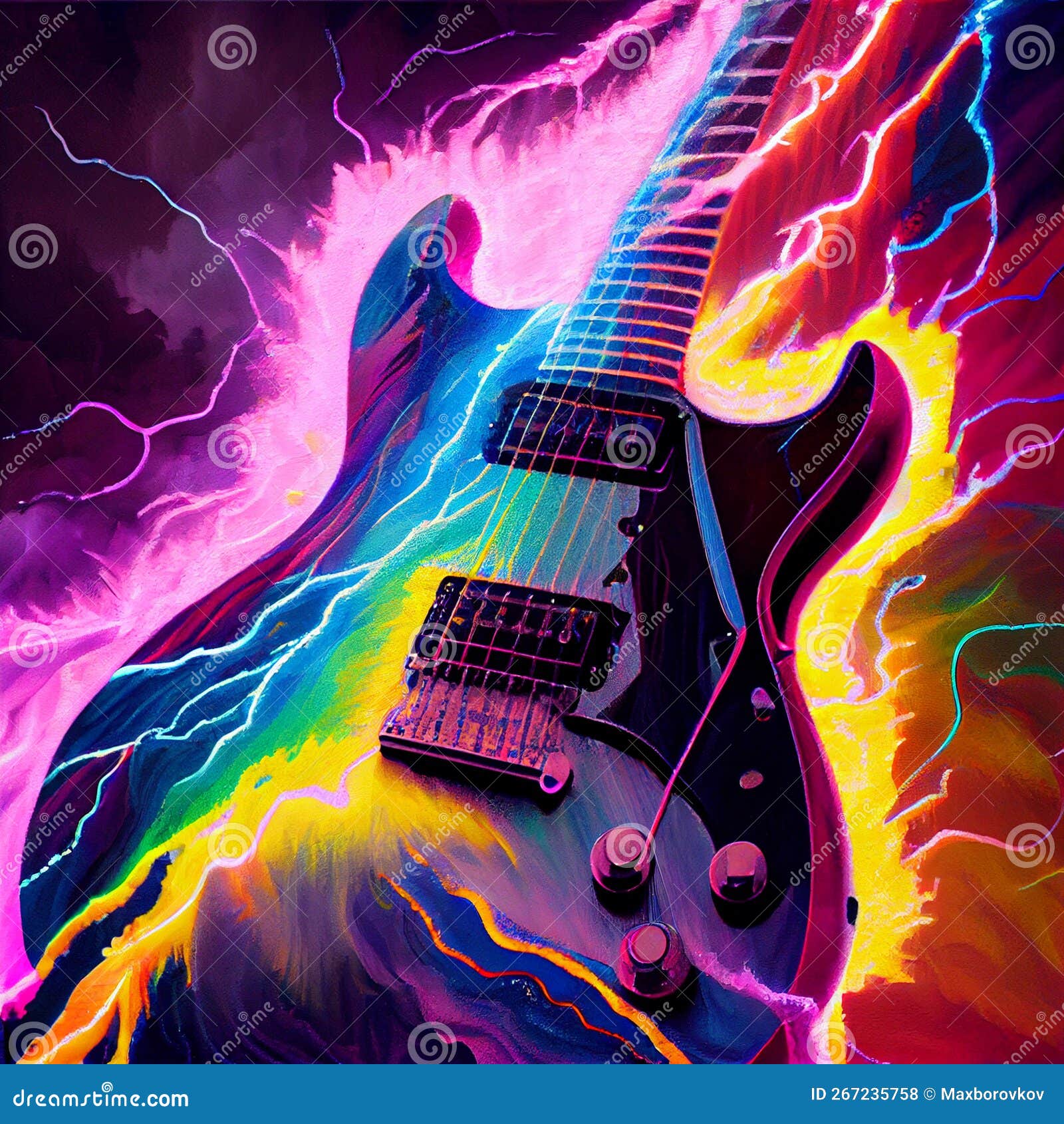 Colorful Guitar with Thunder. AI Generative Stock Illustration