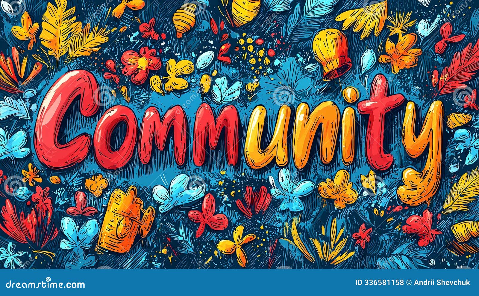 colorful hand-drawn collage featuring community text and floral s