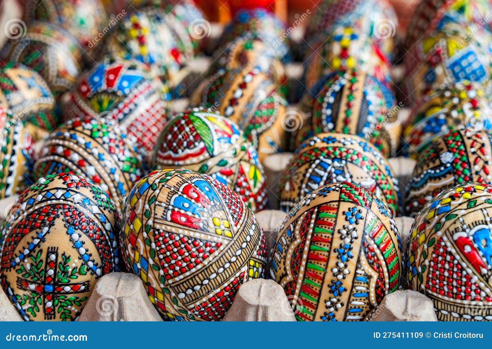 Colorful Hand Painted Decorated Easter Eggs. Romanian Traditional