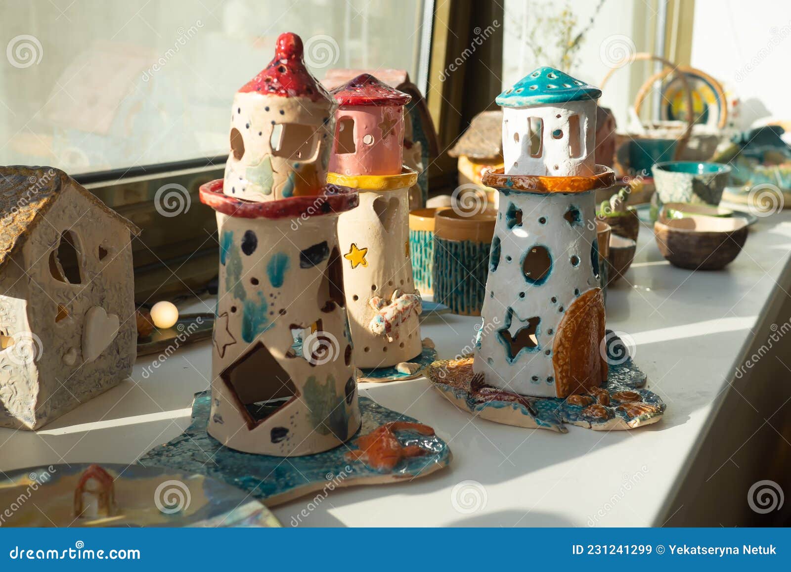Colorful Handmade Ceramic Lighthouse of Clay with Glaze in the Pottery