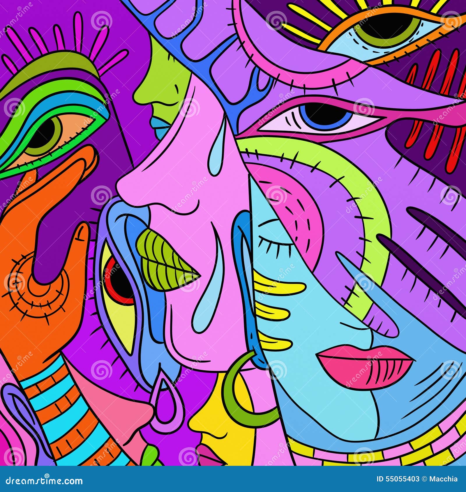 Abstract with colorful hands and faces