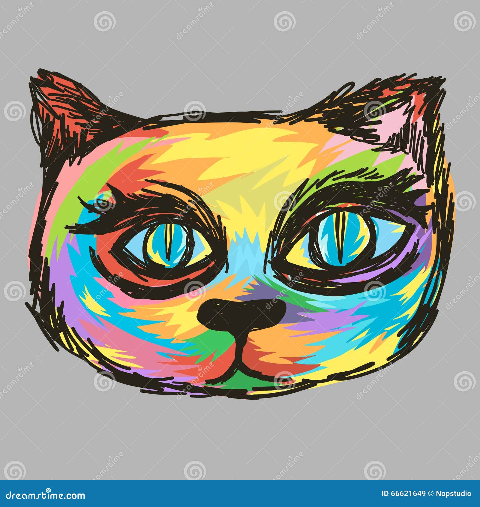 Colorful Head Cat Painting Style Stock Vector Illustration of doodle