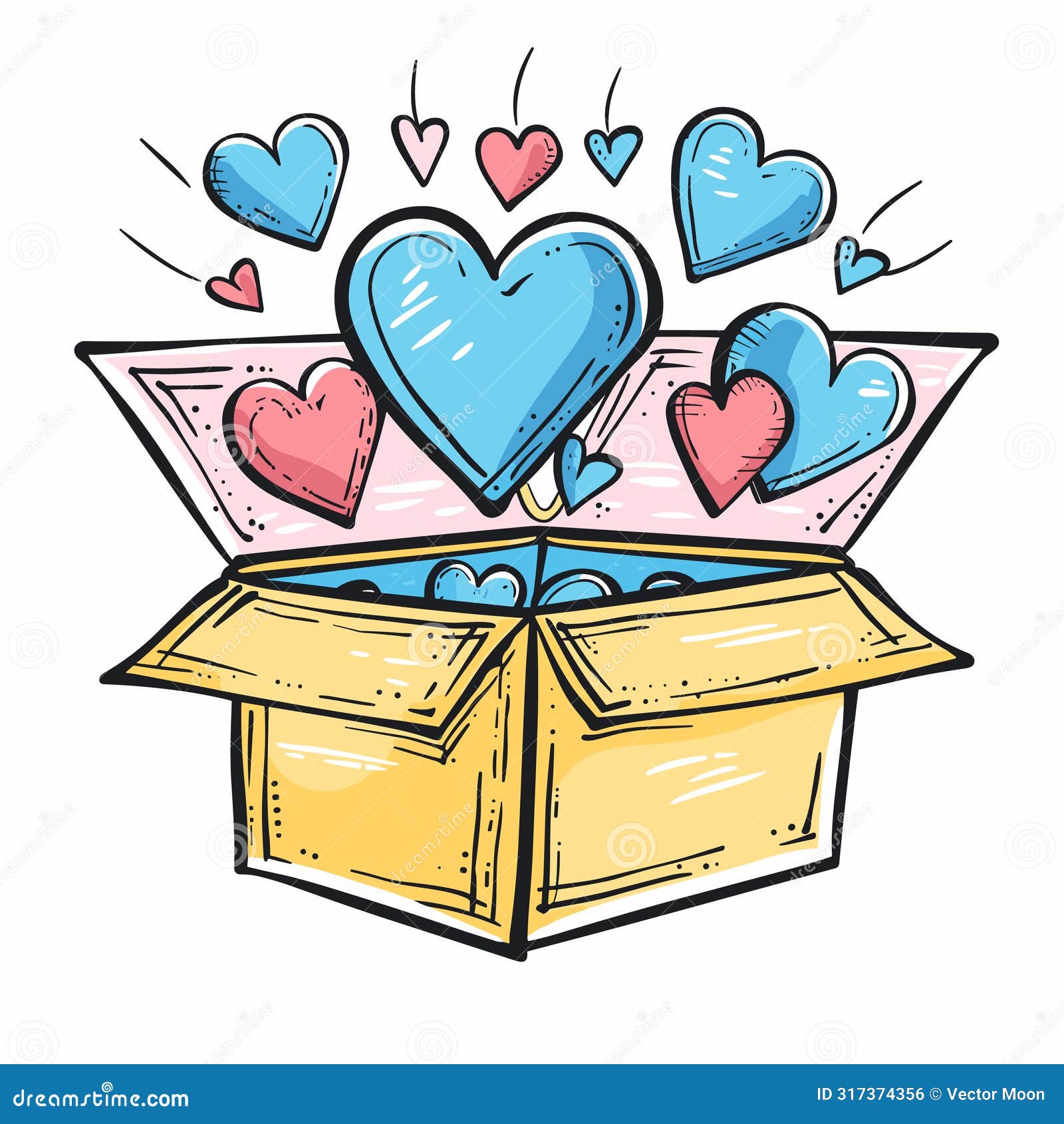 colorful hearts overflowing yellow box, izing love, care, affection. cartoon hearts shades