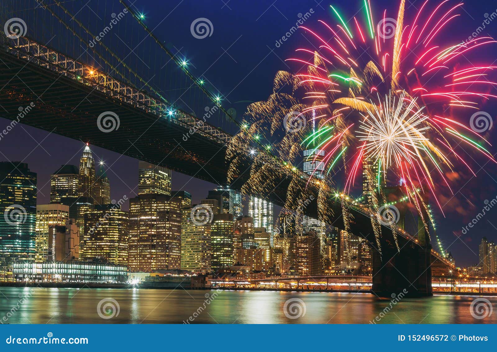 Colorful Holiday Fireworks Panoramic View New York City Manhattan ...