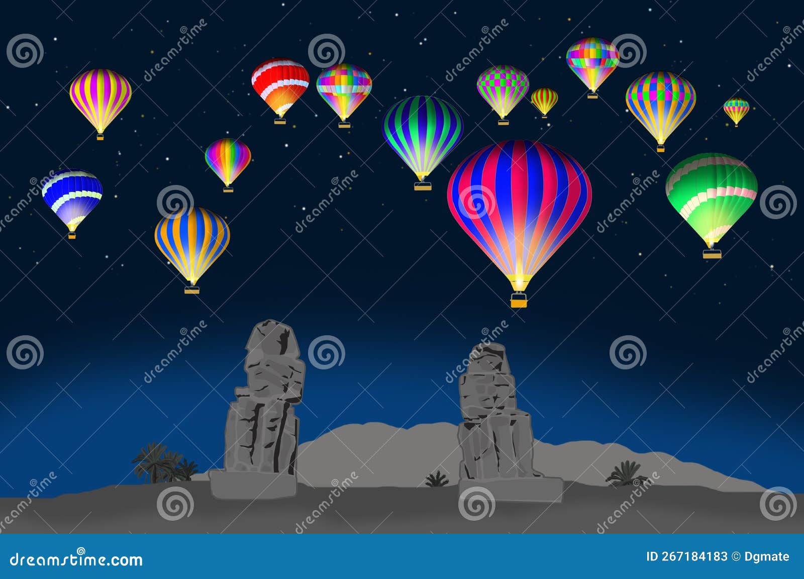 colorful hot air balloons over scenic pharaohs