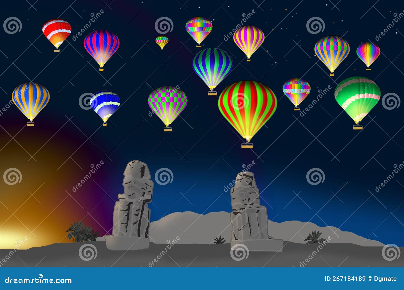 colorful hot air balloons over scenic pharaohs, sunrise