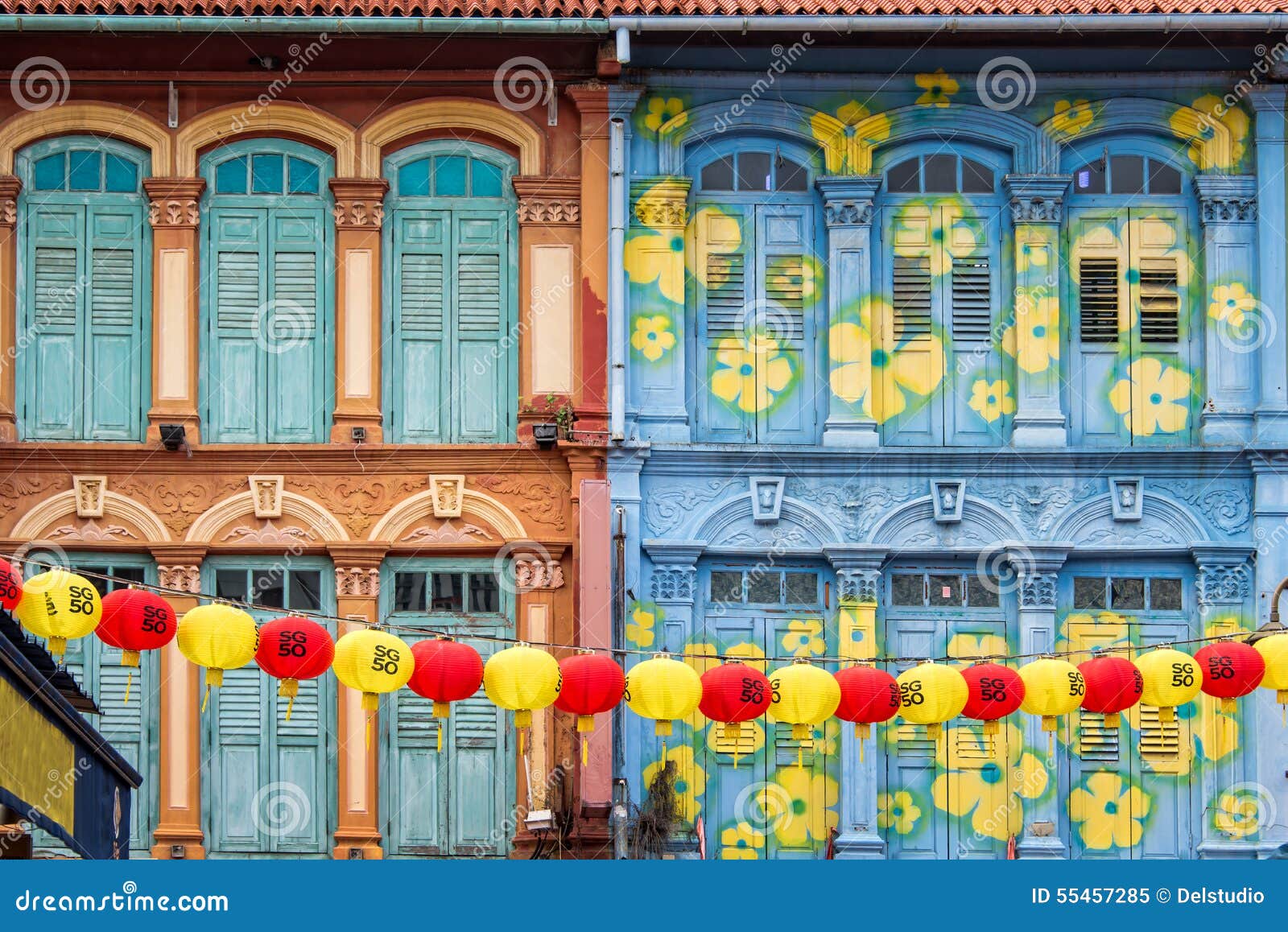 colorful house facades in chinatown, singapore