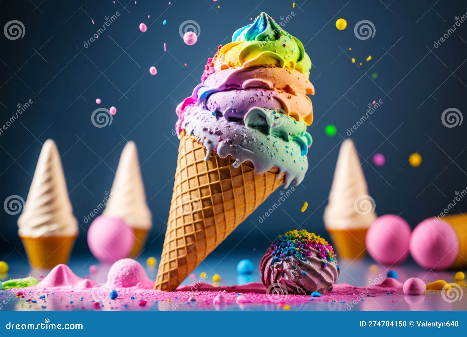 Colorful Ice Cream Cone with Sprinkles and Confetti. Generative AI