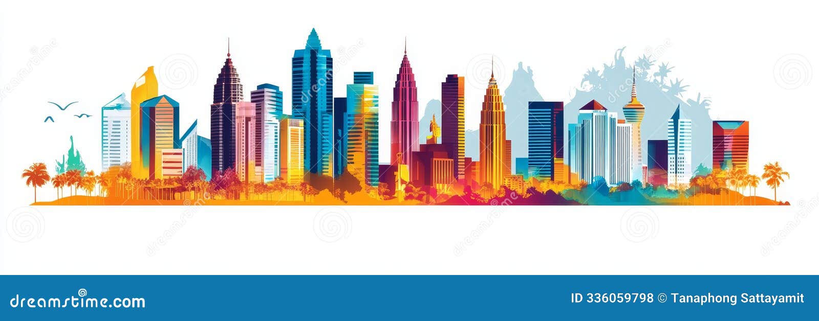 colorful  of kuala lumpurs skyline featuring iconic skyscrapers palm trees and a dynamic abstract 