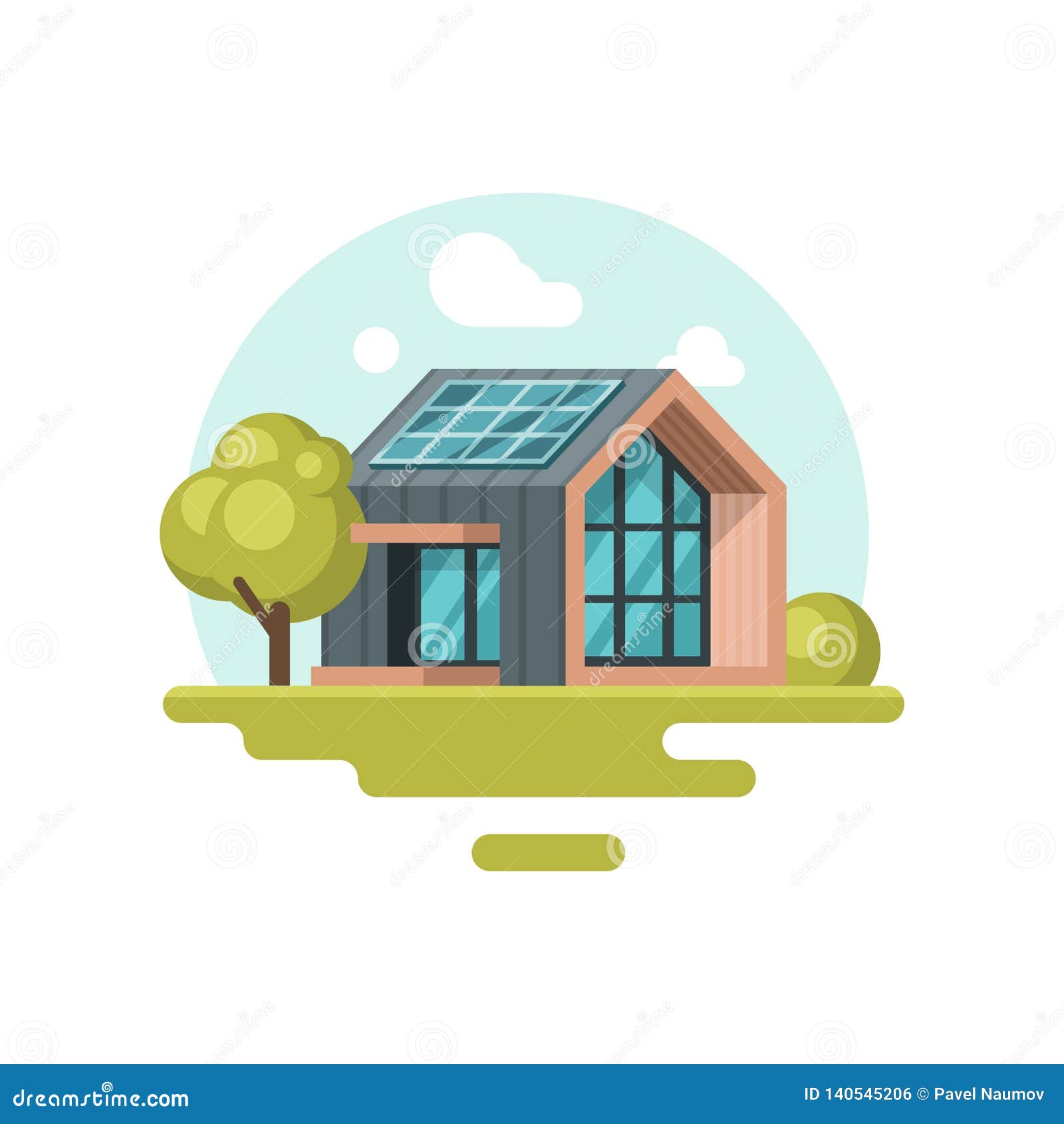 Modern Eco-friendly House with Solar Panel on Roof. Renewable Energy.  Residential Building. Go Green. Flat Vector Icon Stock Vector -  Illustration of modern, cartoon: 140545206