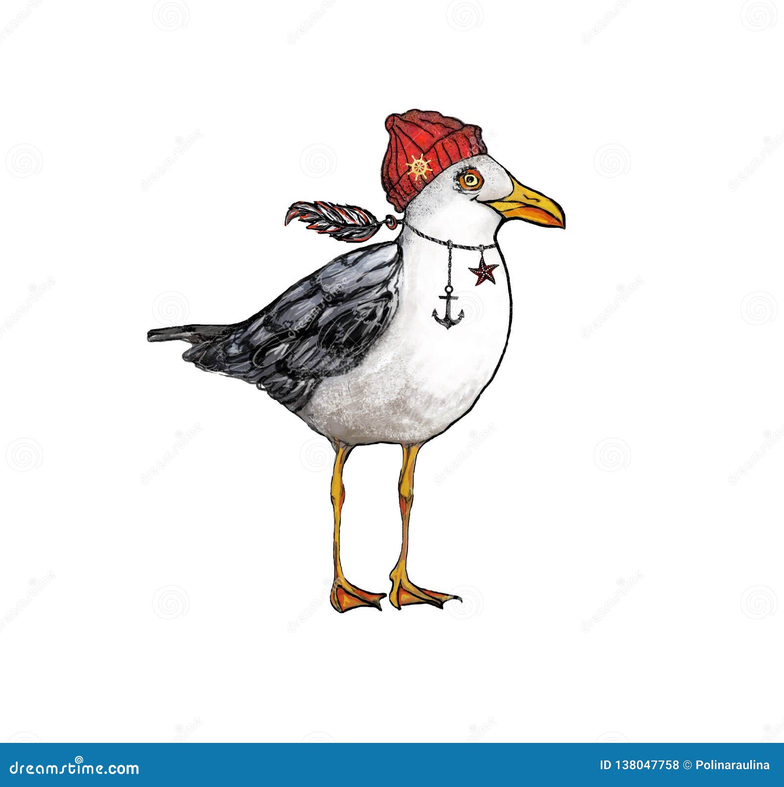seagull.cute hand-drawn seagull in a red cap with a feather ,a star and an anchor on a neck.