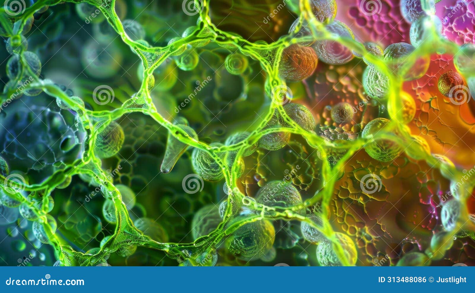 a colorful image of chloroplasts in a plant cell surrounded by countless tiny sacs each containing pigmented chlorophyll