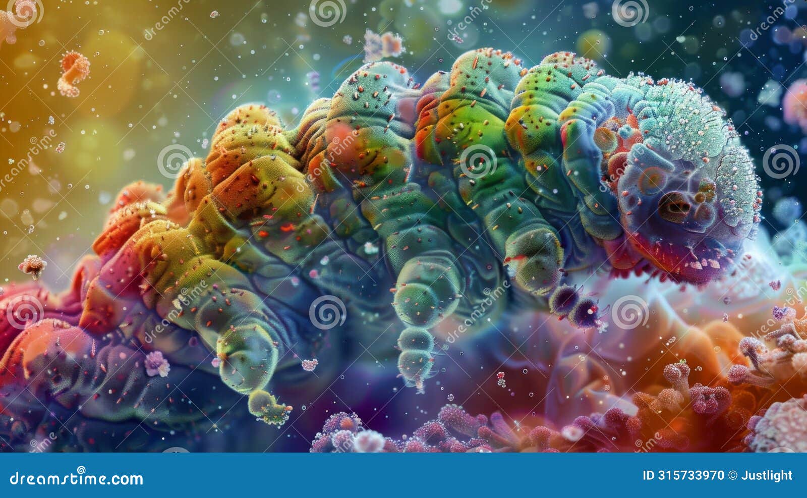 a colorful image of a tardigrade engulfed in a mass of tiny organisms forming a symbiotic relationship. the tardigrade