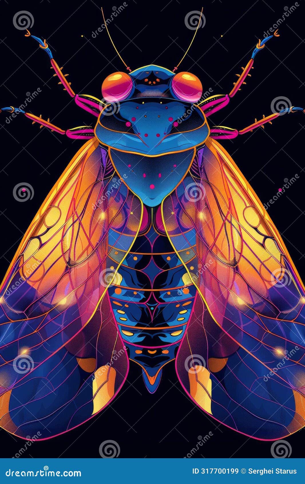 a colorful insect with a large head and long antennae, ai