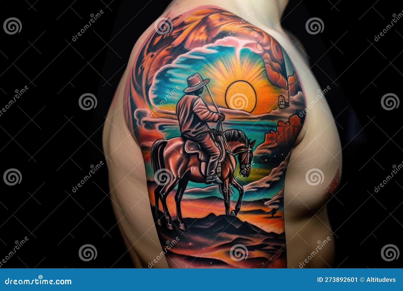 a colorful and intricate tattoo  featuring a cowboy, his horse, and the sunset