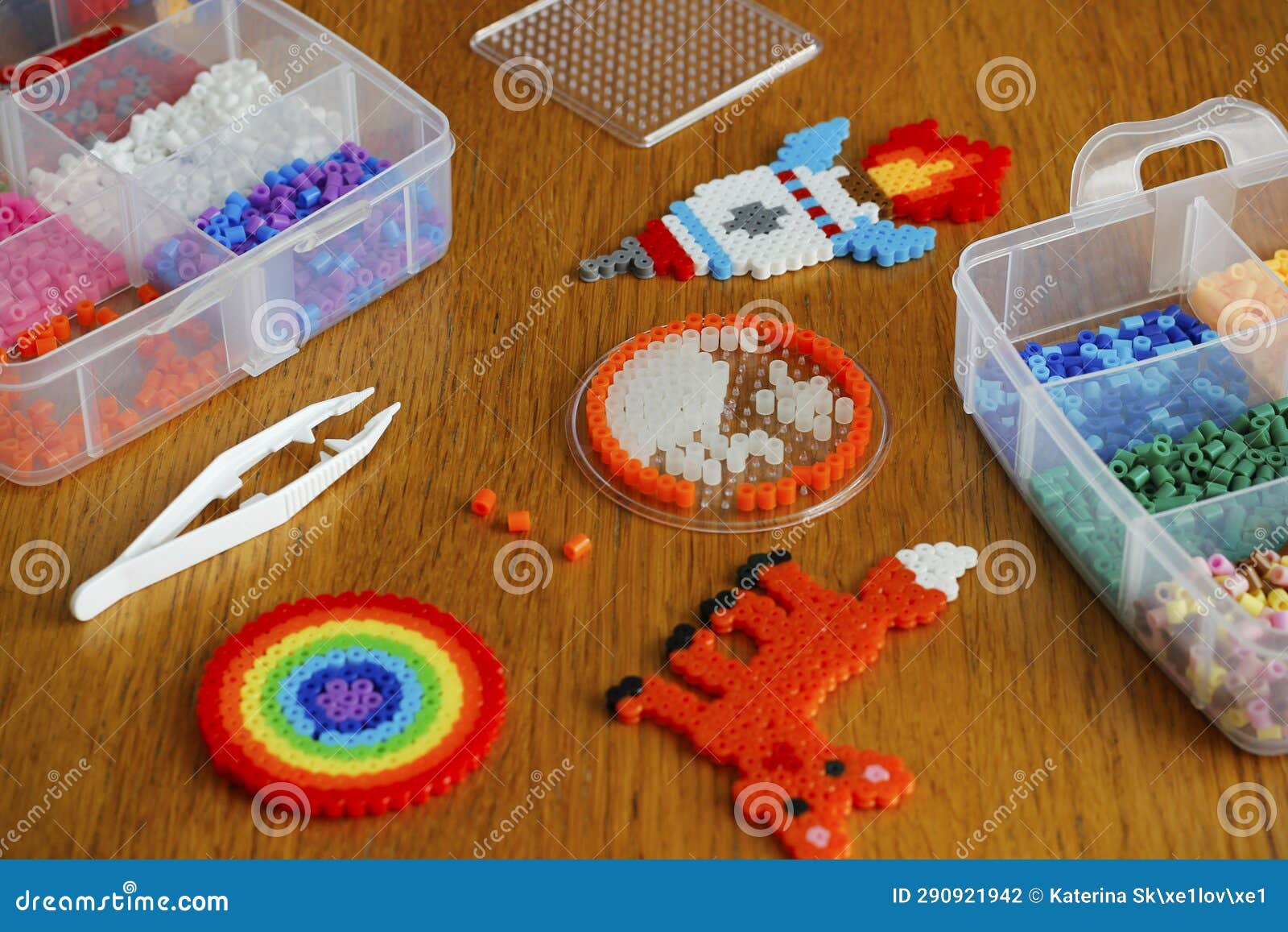 Colorful Iron Beads in a Box, Art Toys Created from Them and White