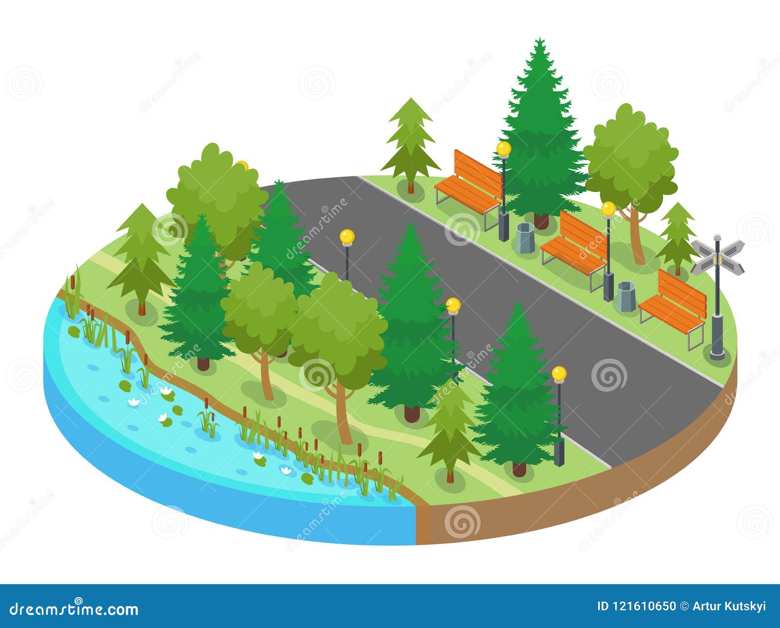 Colorful Isometric Round Map Location with Park and Strolling Walkway