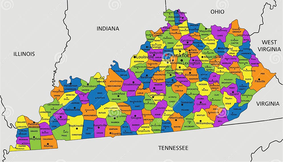 Colorful Kentucky Political Map with Clearly Labeled, Separated Layers