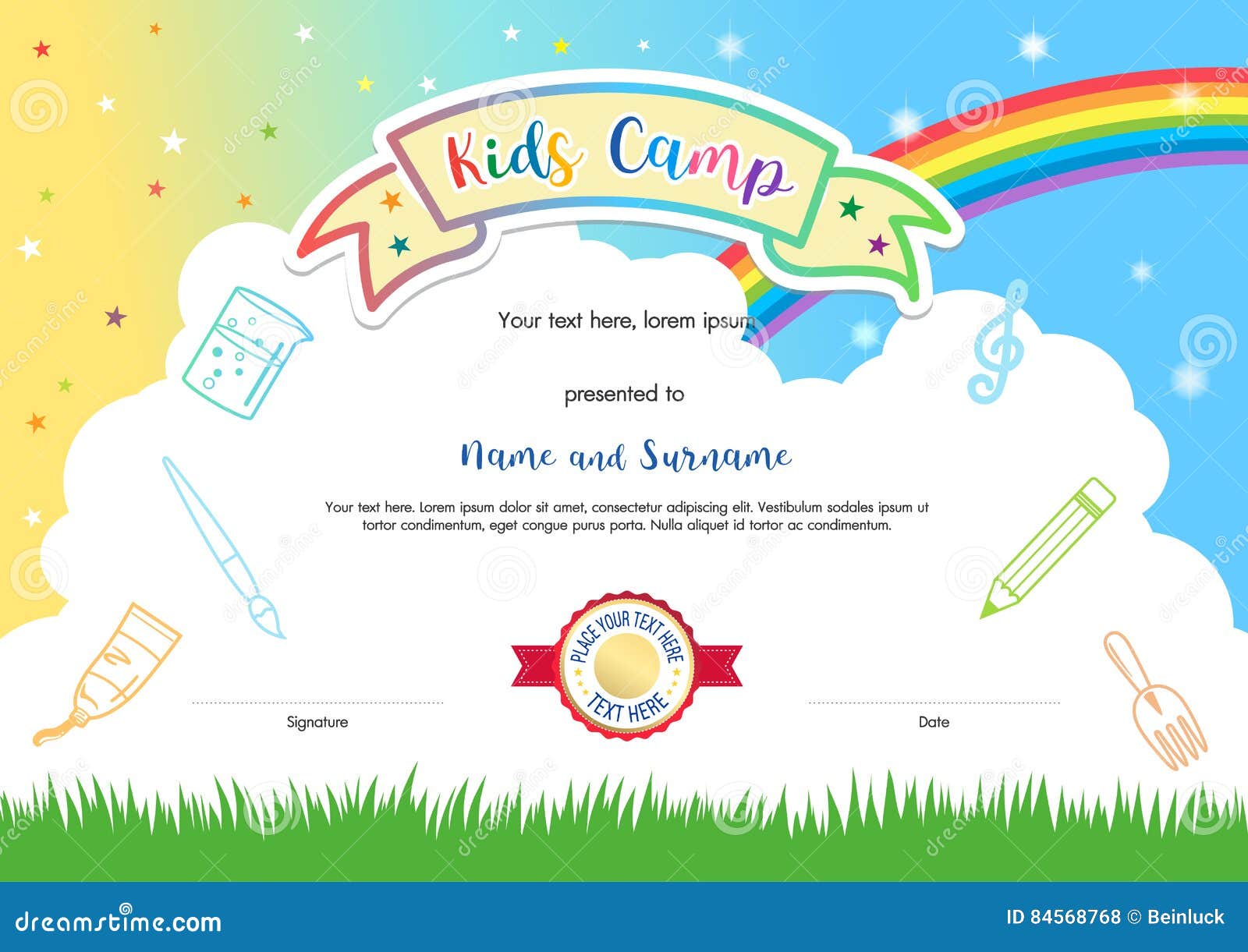 Colorful Kids Summer Camp Diploma Certificate Template in Cartoon With Summer Camp Certificate Template