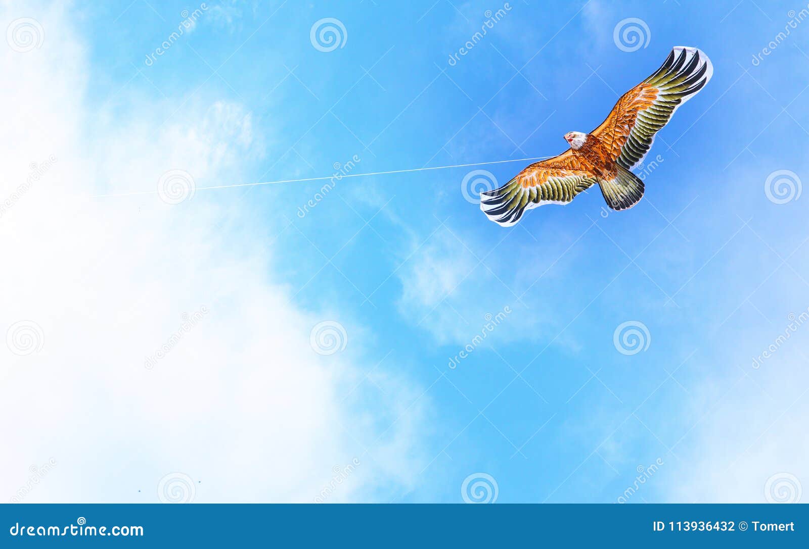 colorful kite d like an eagle flying in the blue sky through the clouds