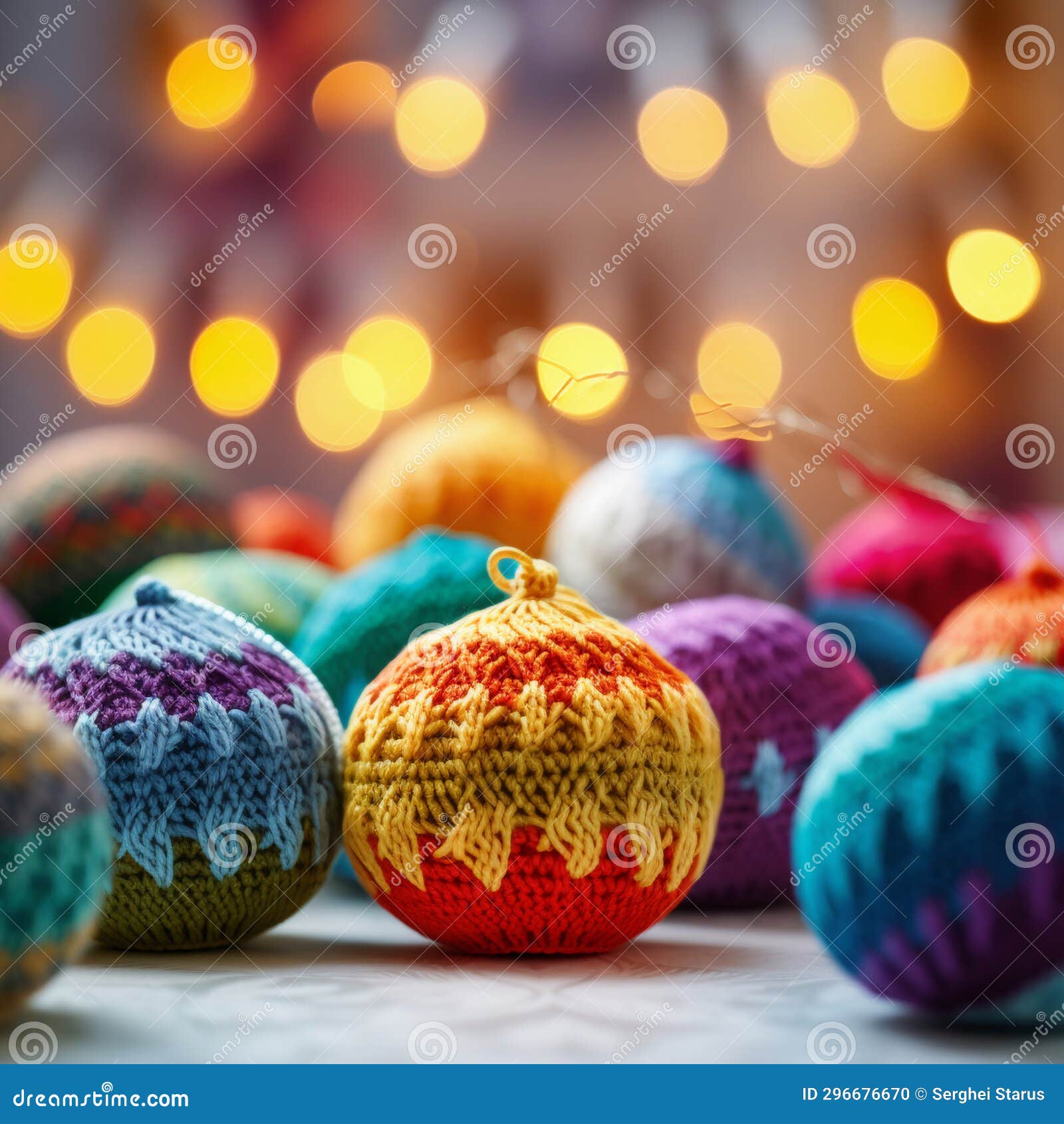 Colorful Knitted Christmas Balls on a Table, AI Stock Photo Image of