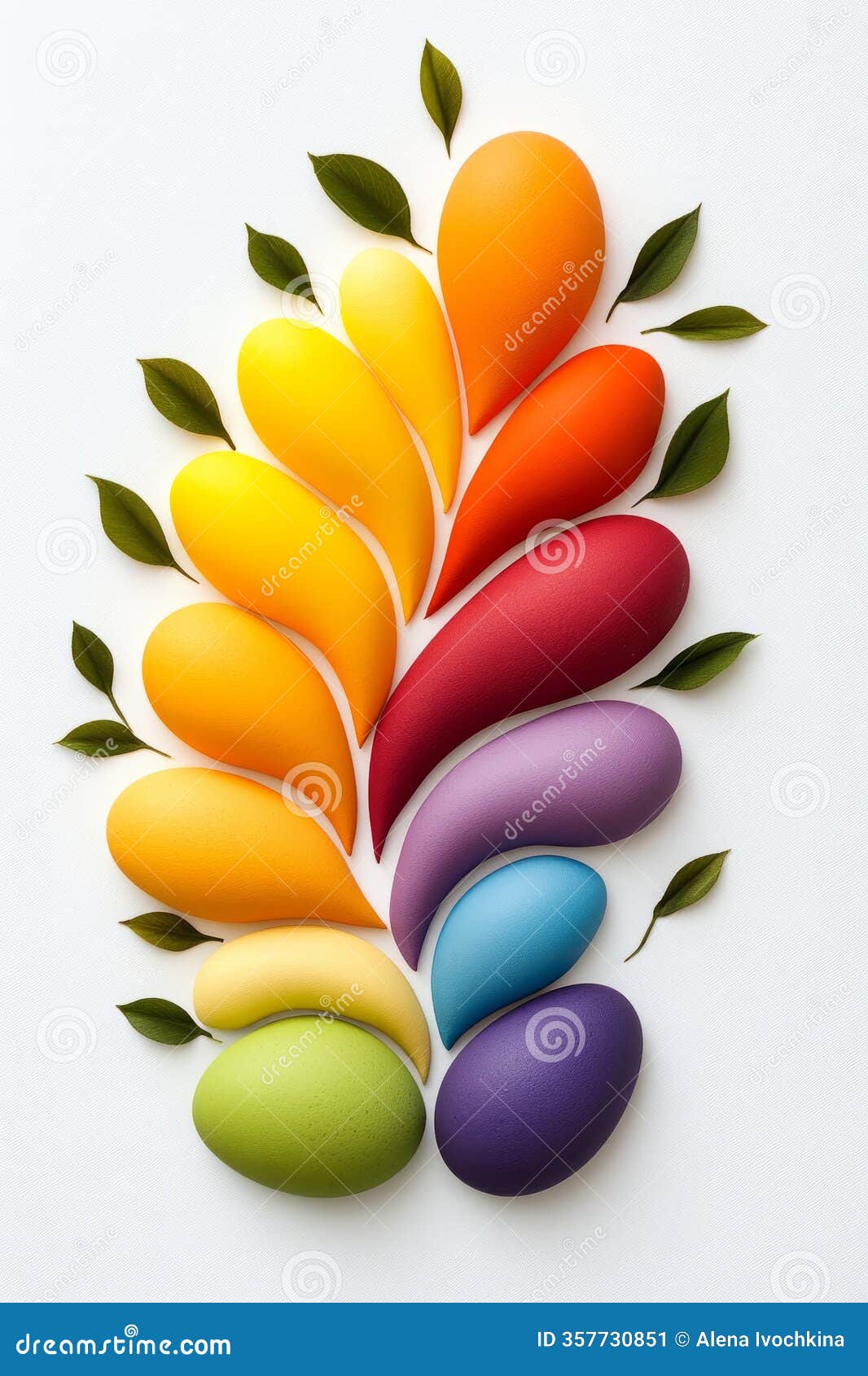 colorful leaf-d abstract arrangement with smooth textures and green leaves on a white background, izing