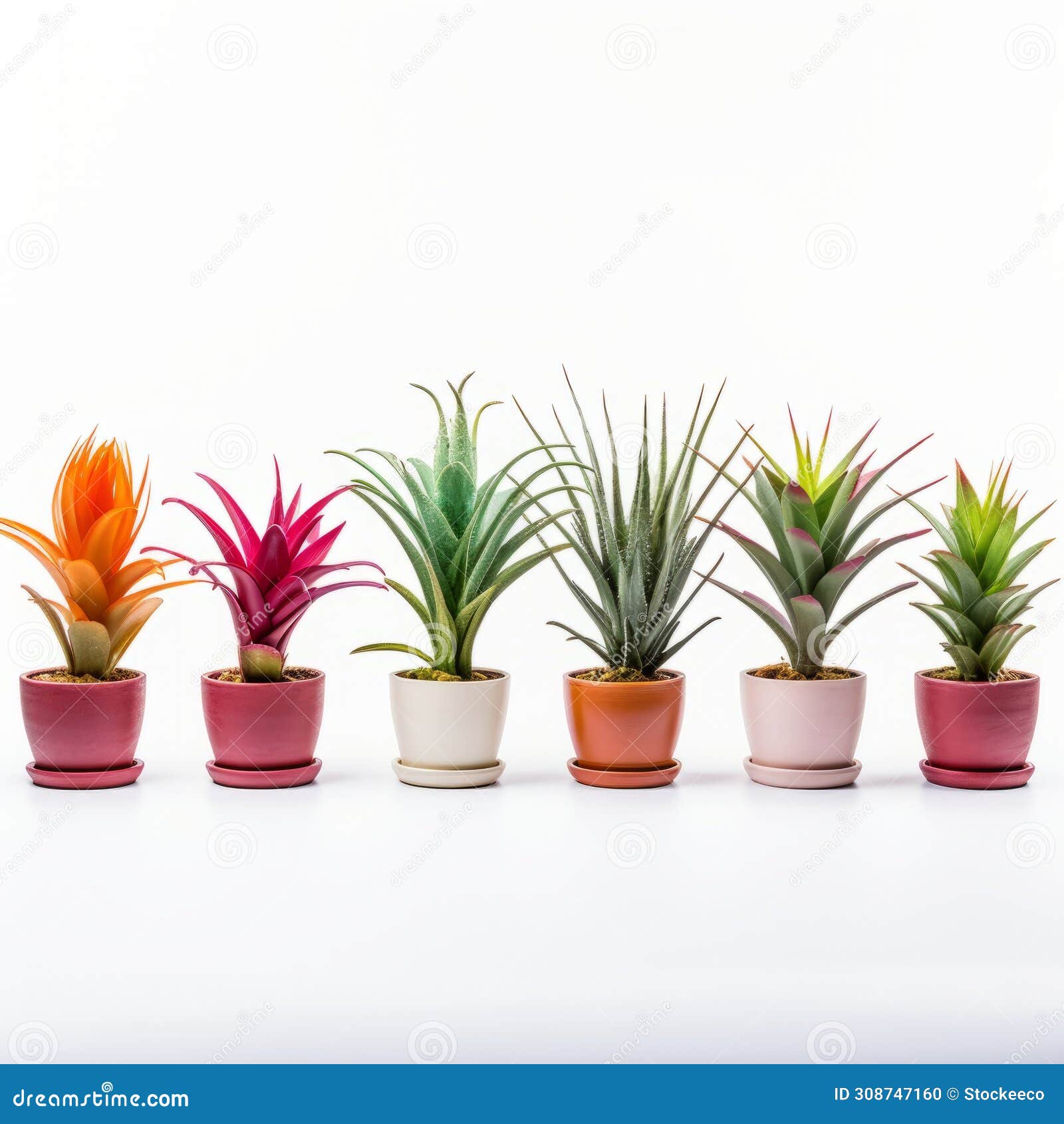 colorful lensbaby optics: nine small air plants in vibrant pots
