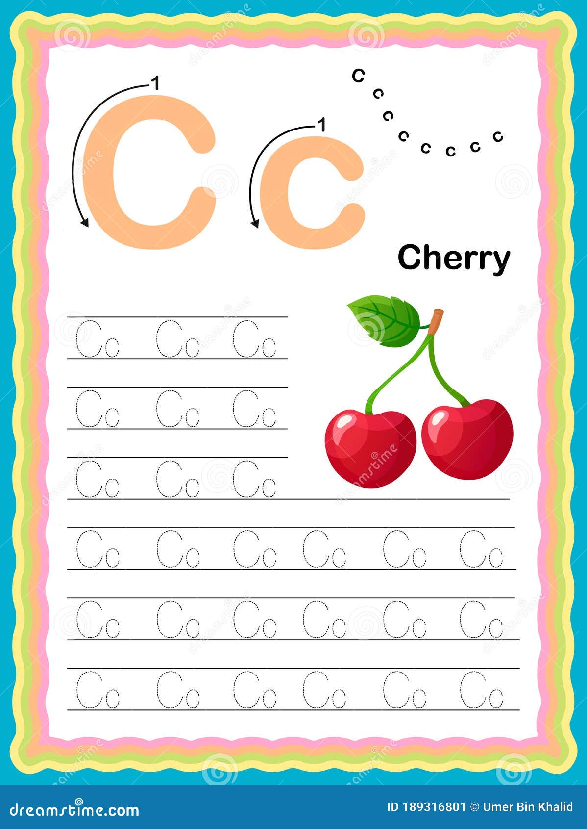 Colorful Letter C Uppercase And Lowercase Tracing Alphabets Start With Vegetables And Fruits Daily Writing Practice Worksheet Stock Vector Illustration Of Draw Cherry