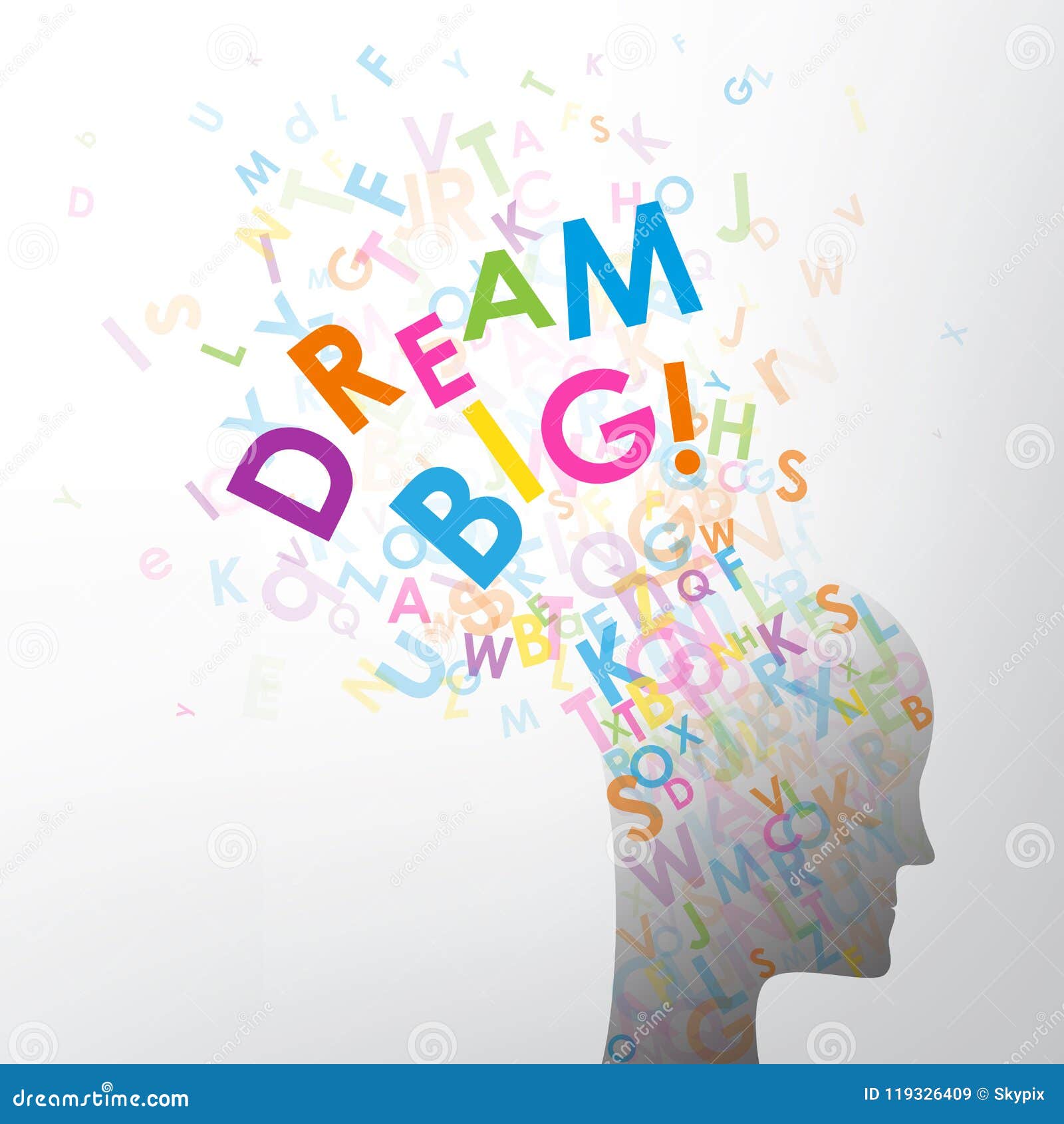 Letters Spelling DREAM BIG! Exploding Out of Human Head Stock