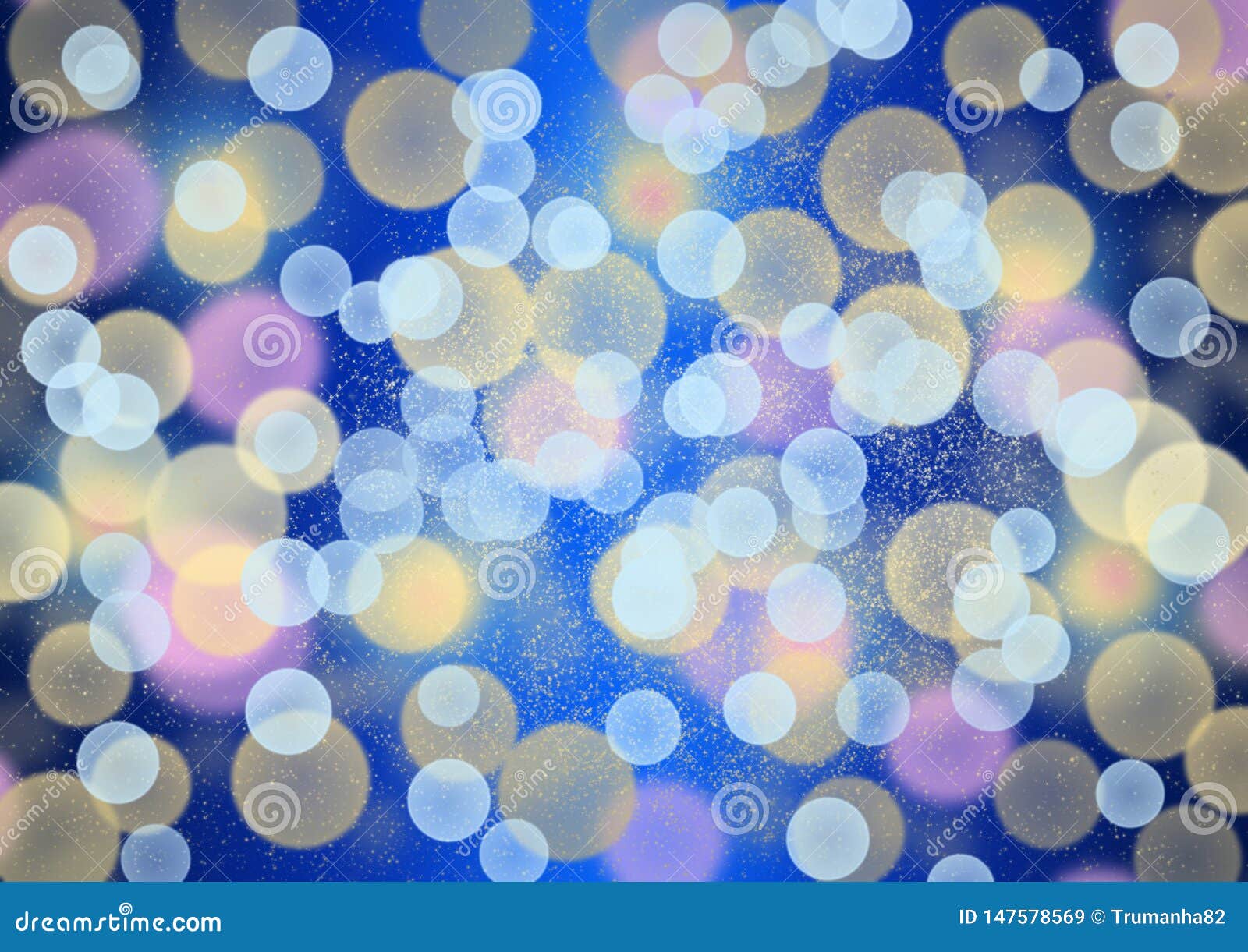 Colorful Lights Bokeh and Glitters in Blue Gradient Background. Illustration of brightly colorful lights, bokeh and glitters in blue gradient background for banner, backdrop, brochure template or poster.