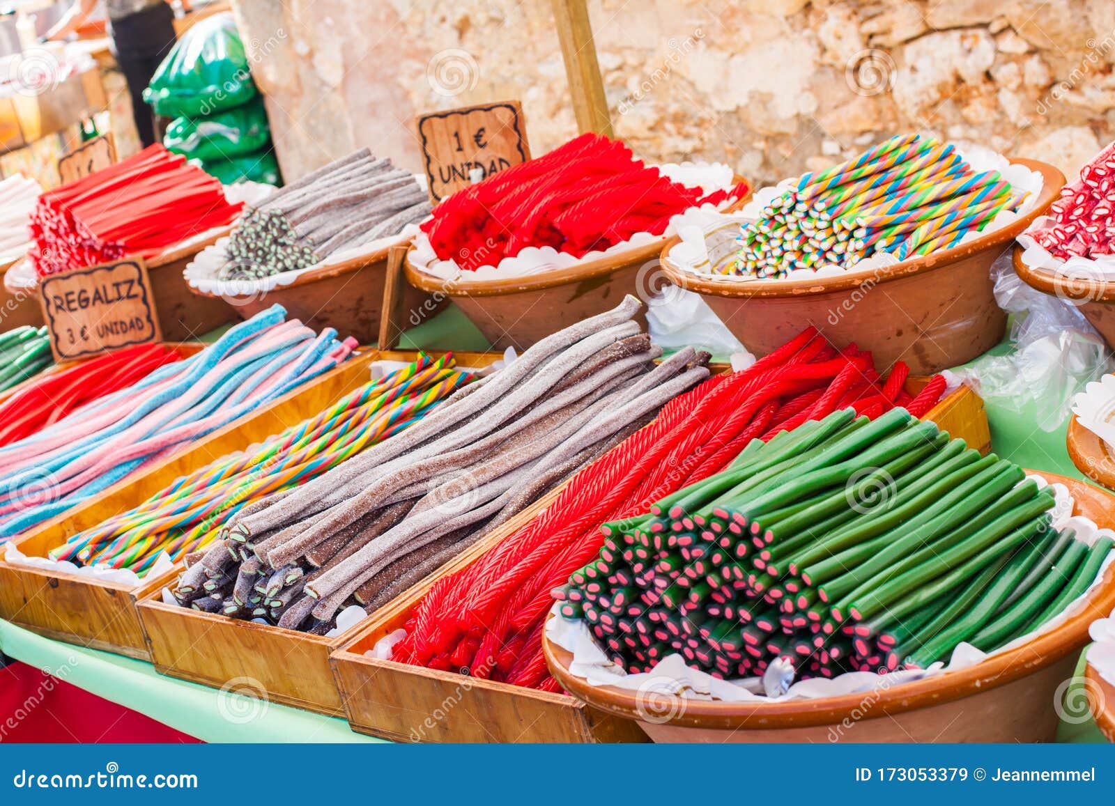 colorful liquorice sweets for sale on porreres market