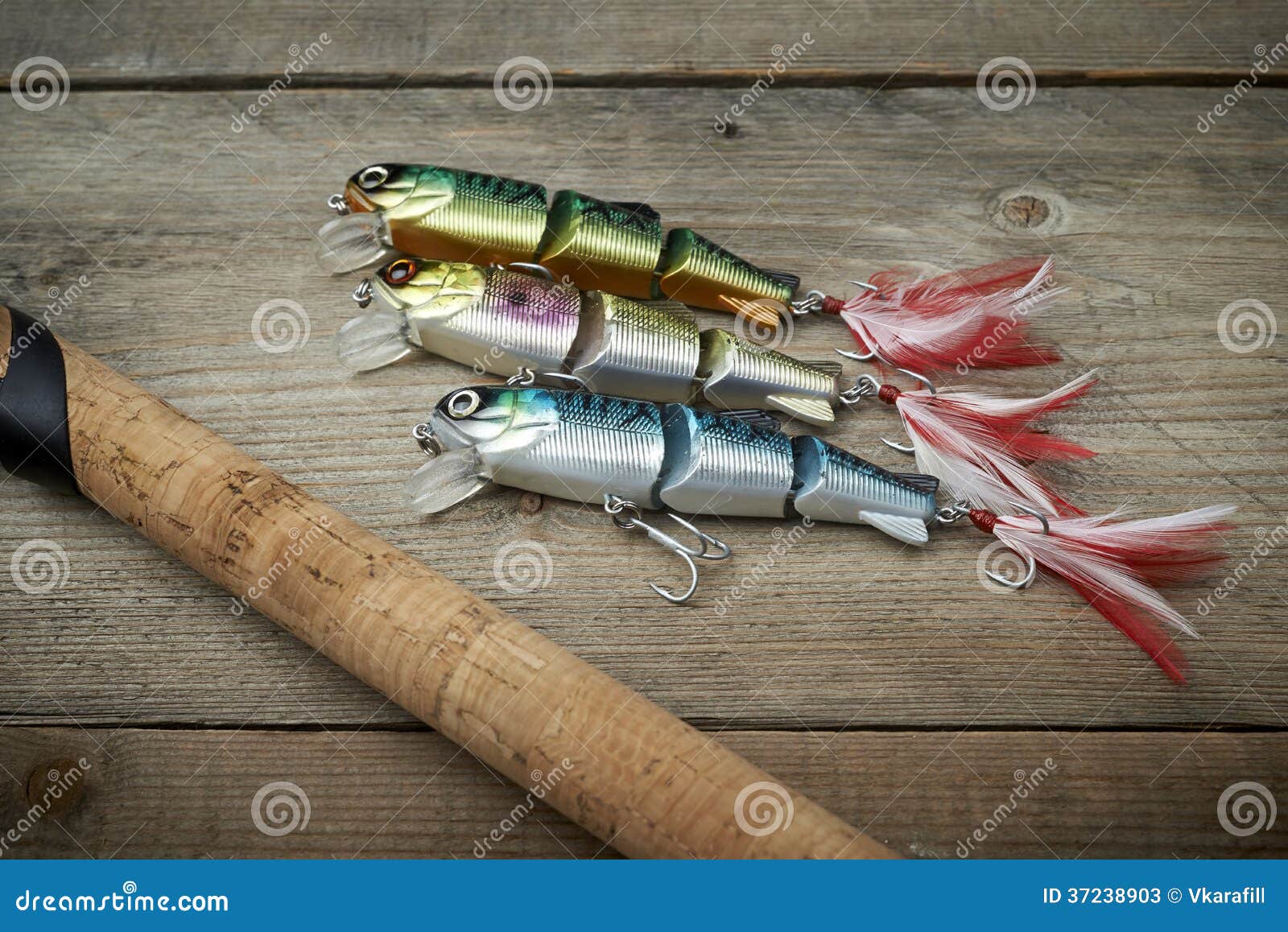 Colorful Lures with the Fishing Rod on the Wooden Pier Stock Image