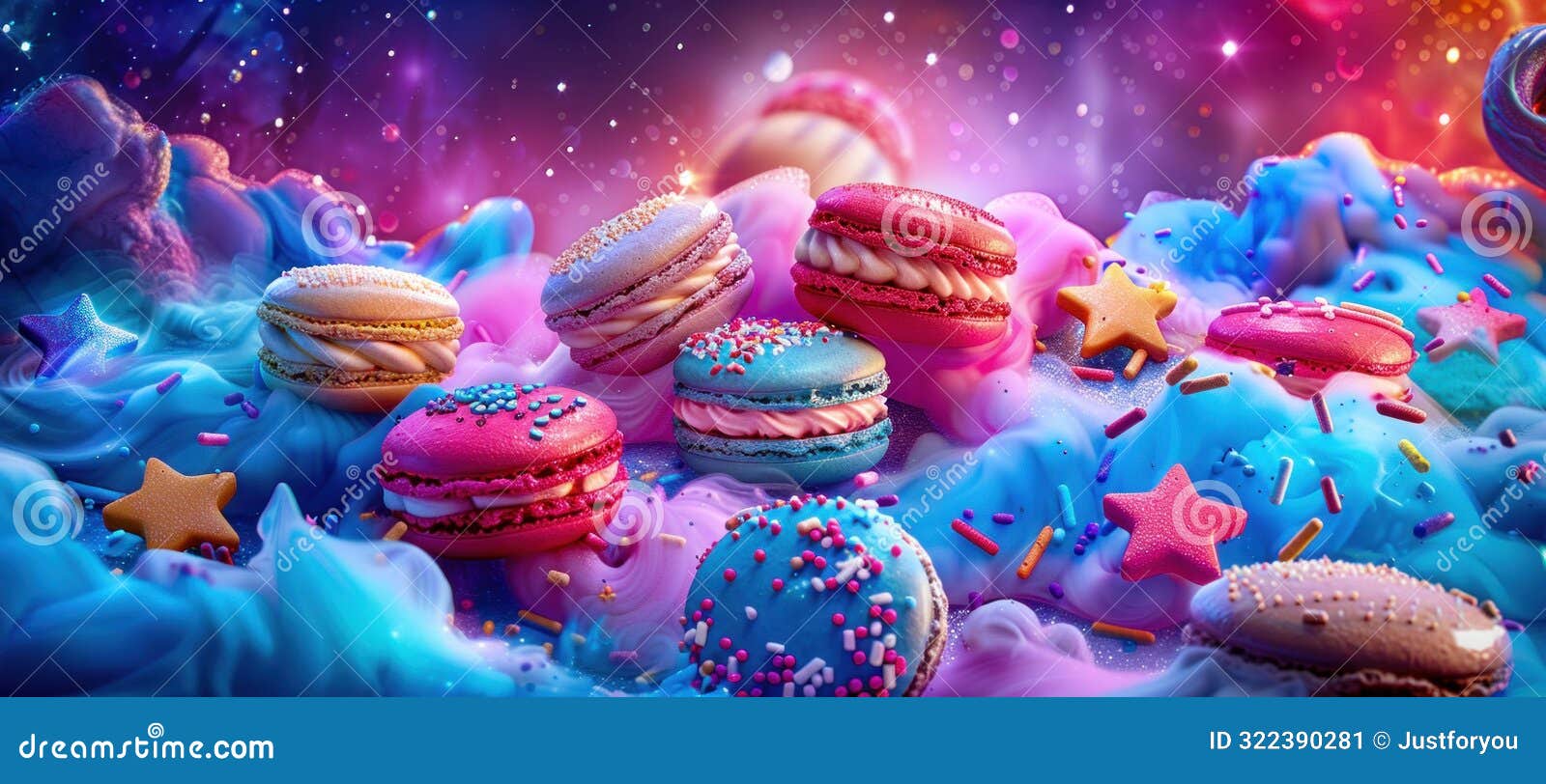 colorful macarons and star cookies in fantasy setting. generative ai