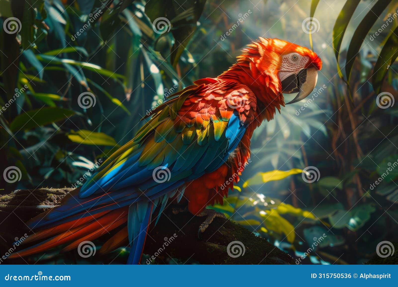elegant macaw perched among vibrant tropical rainforest foliage with stunning colors