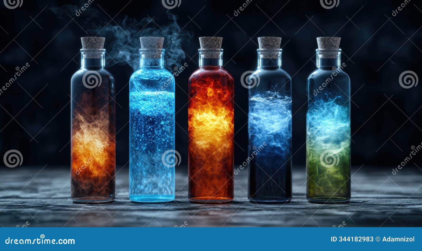 colorful magical potions in glass bottles