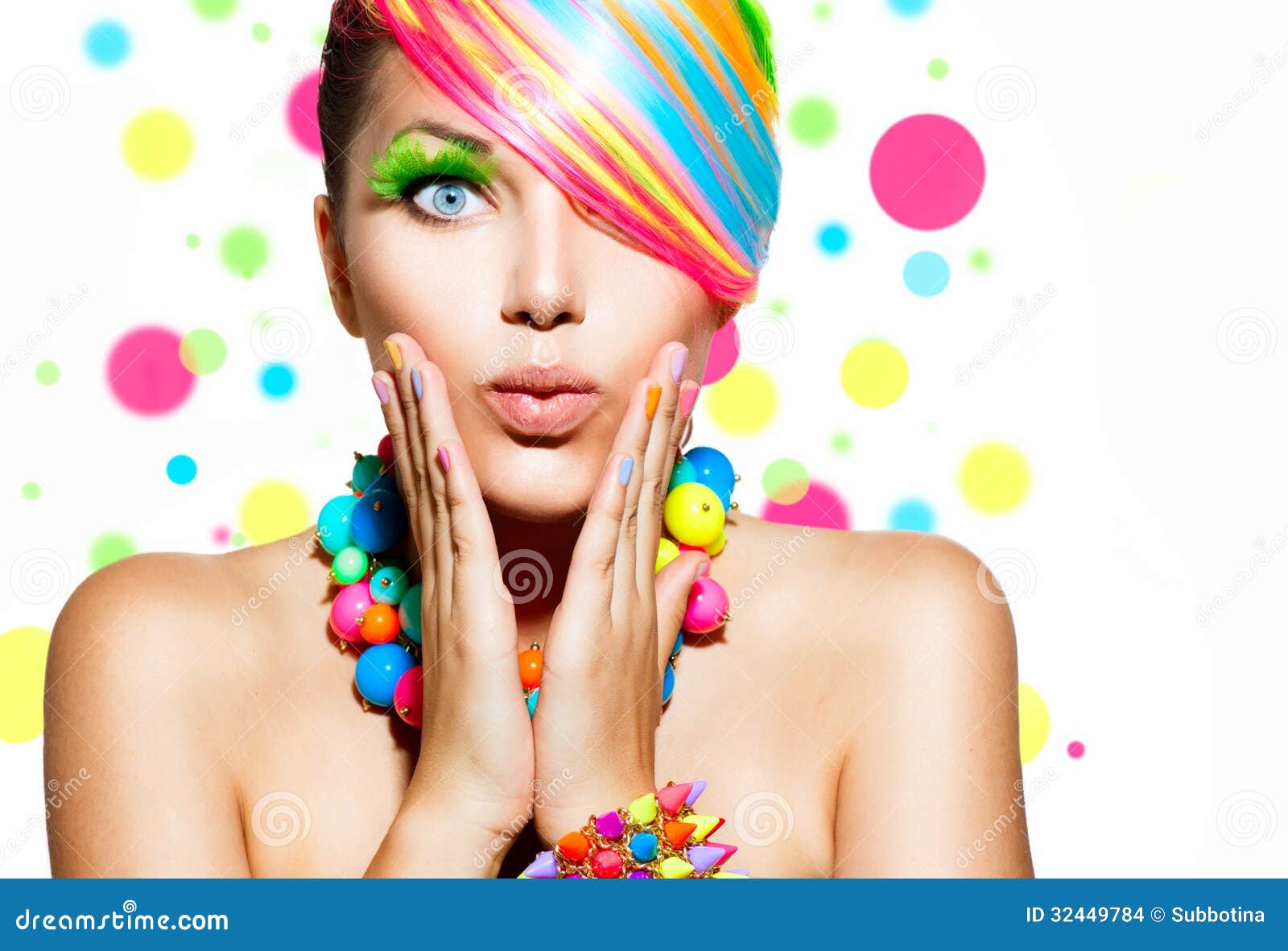 colorful makeup, hair and accessories
