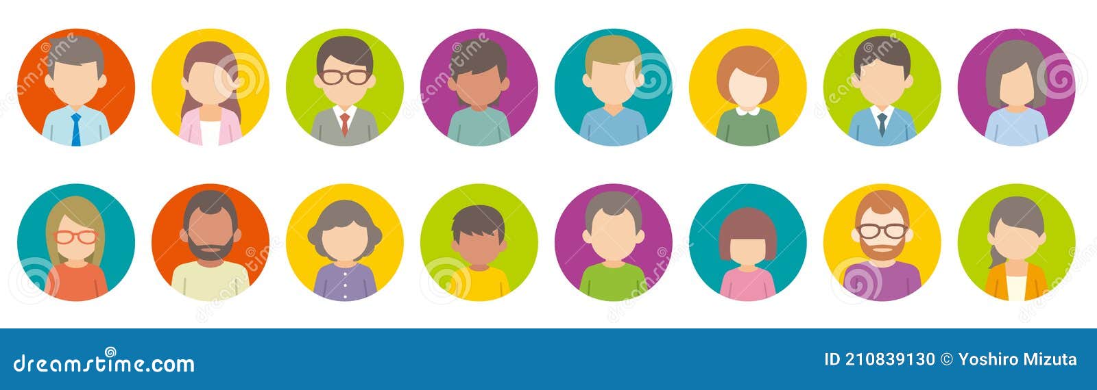 Colorful Male and Female Faces Icons for Graphics Design. Vector