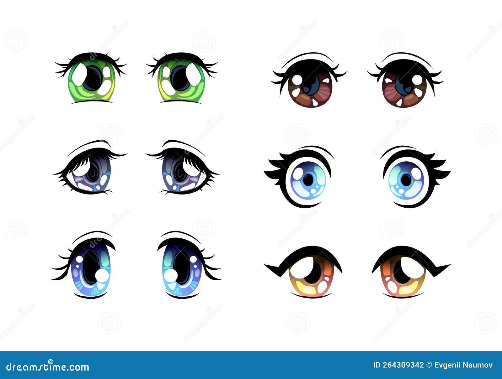 Colorful Manga or Anime Style Eyes with Black Eyelashes Vector Set ...