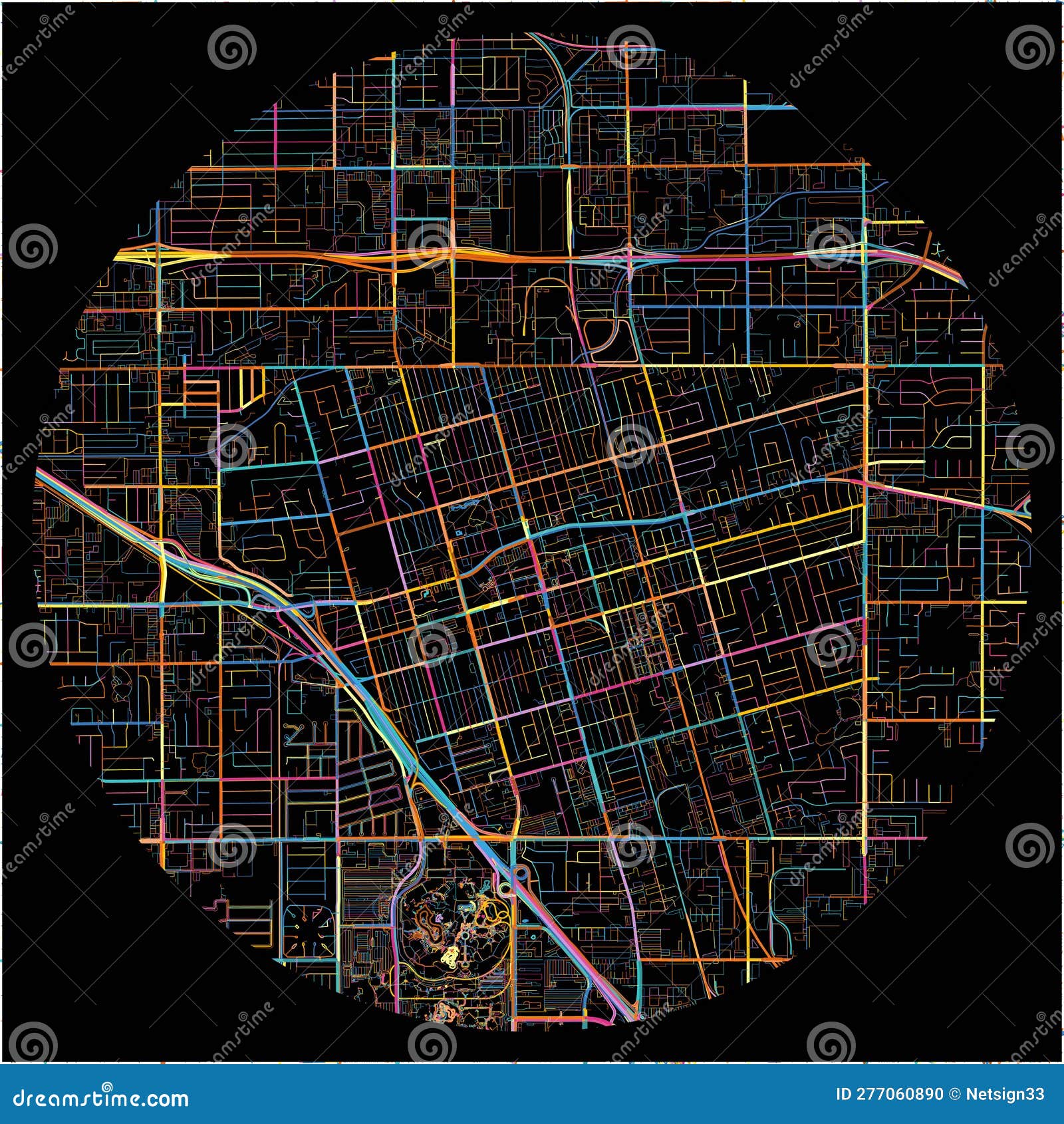 colorful map of anaheim, california with all major and minor roads