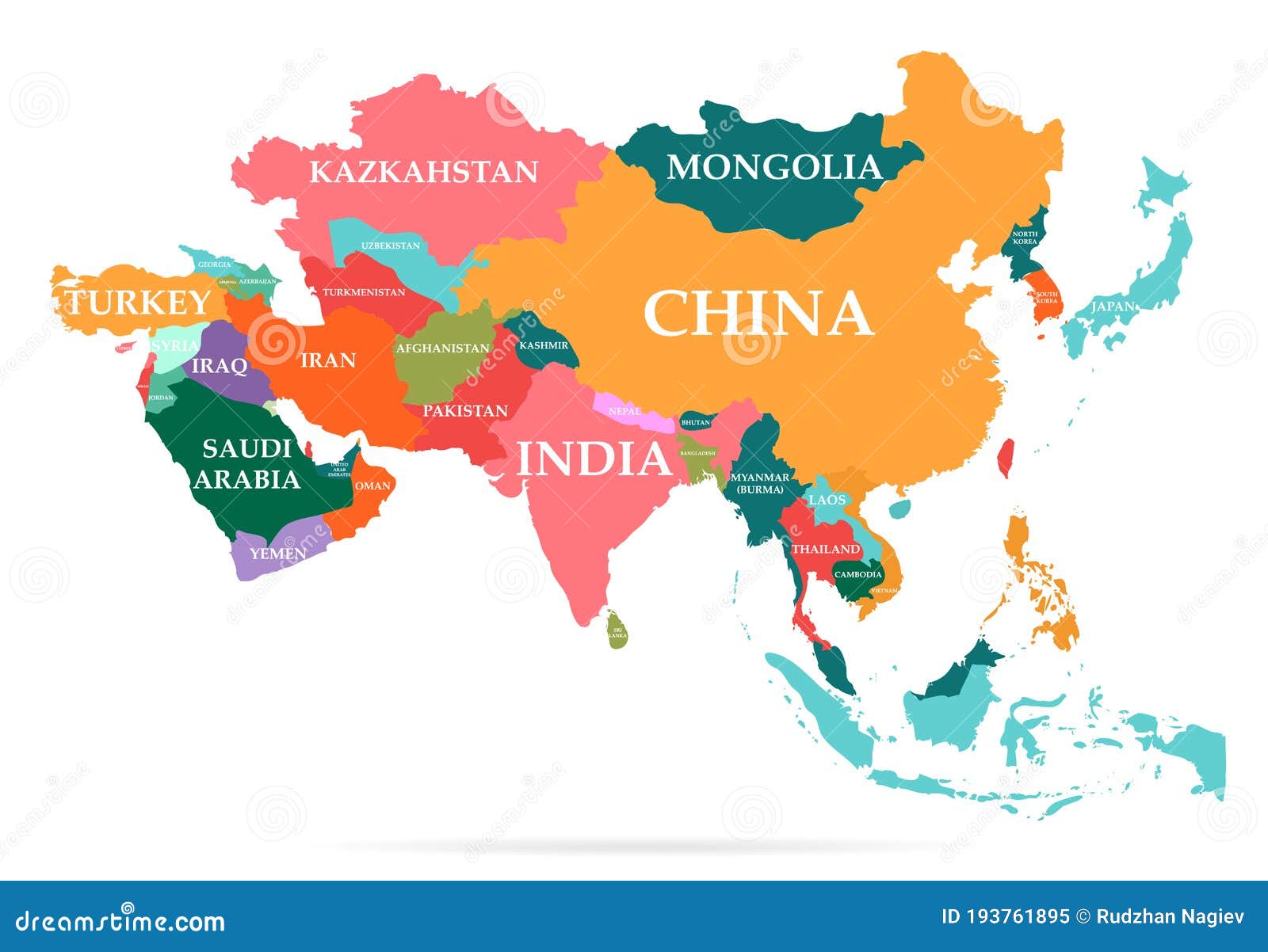 Colorful Map Asia Continent Vector Illustration Names Countries Borders Isolated White Background 193761895 