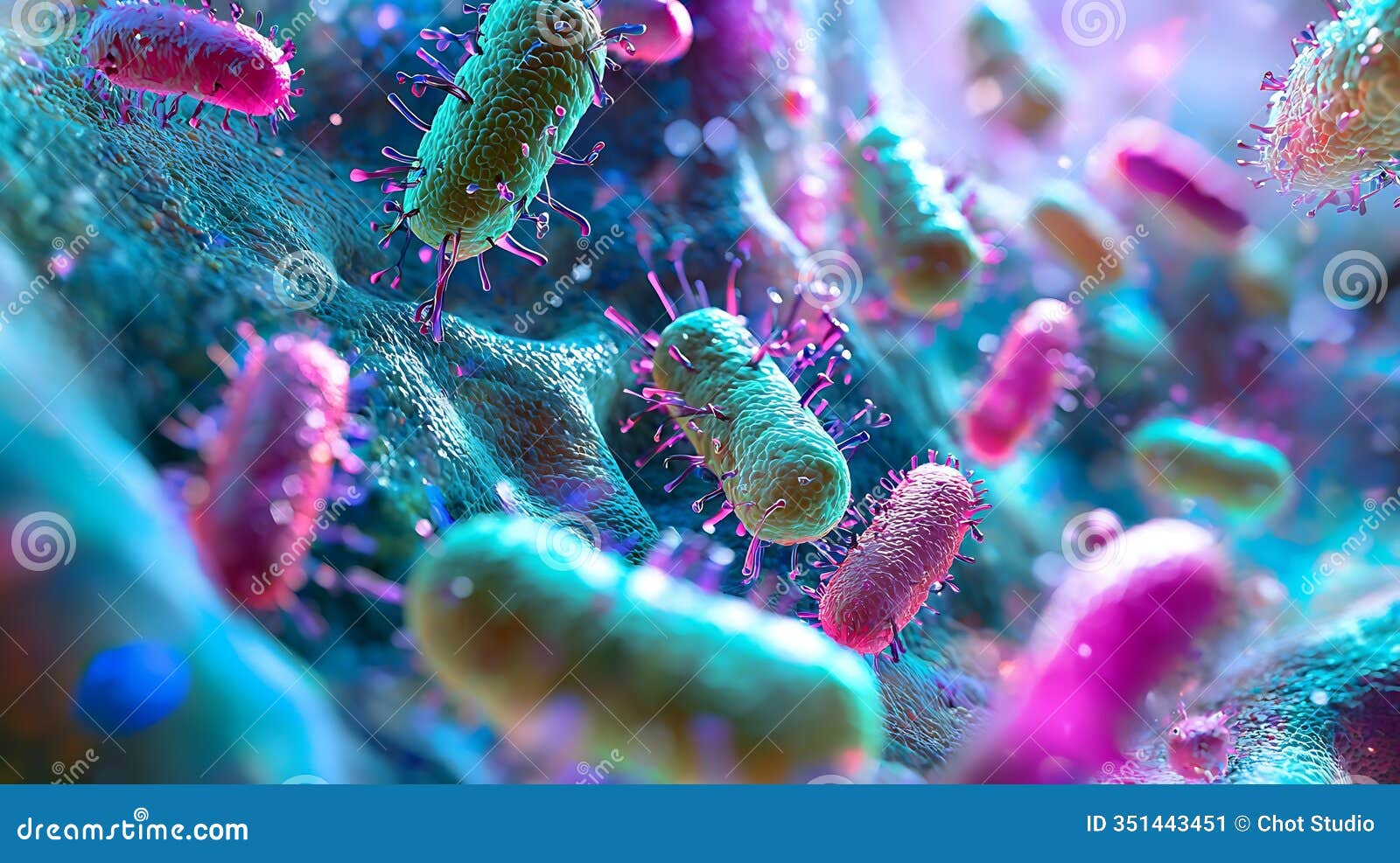 colorful microbial world under the microscope: abstract representation of bacteria and microorganisms in vibrant colors and
