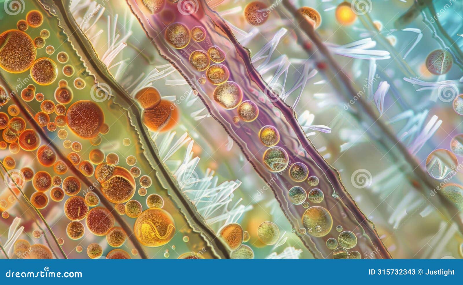 a colorful micrograph of a of euglenoids showing their distinctive reddishbrown chloroplasts and shimmering flagella. .