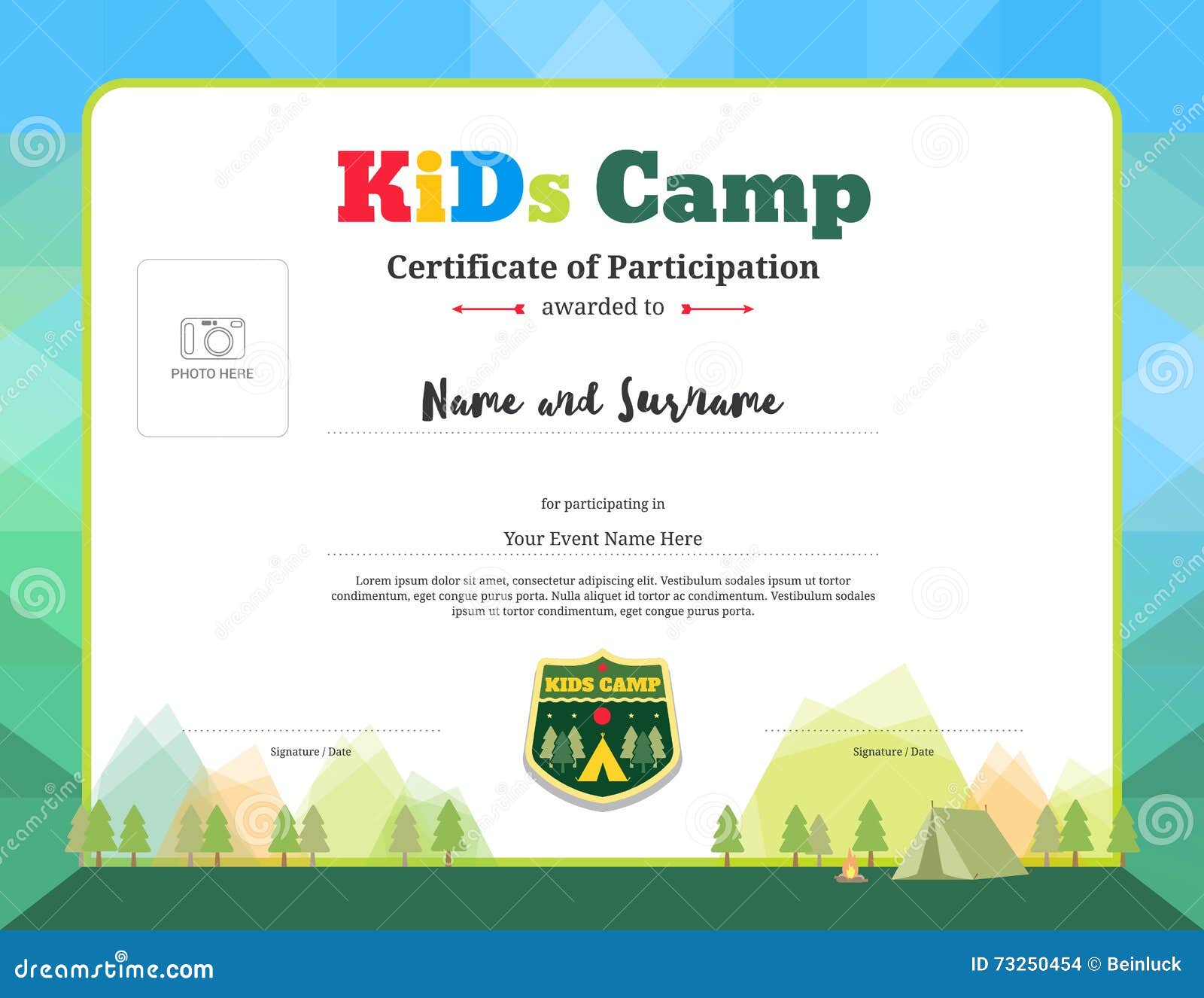 colorful and modern certificate of participation for kids activities