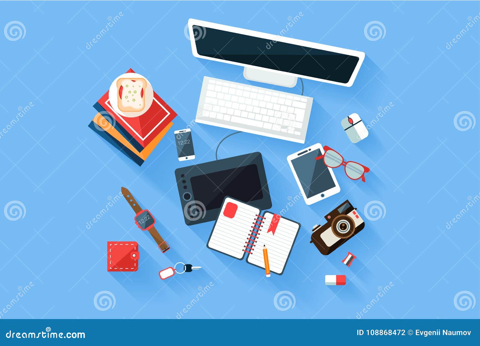 Colorful Modern Designer Workplace Top View Desk With Computer