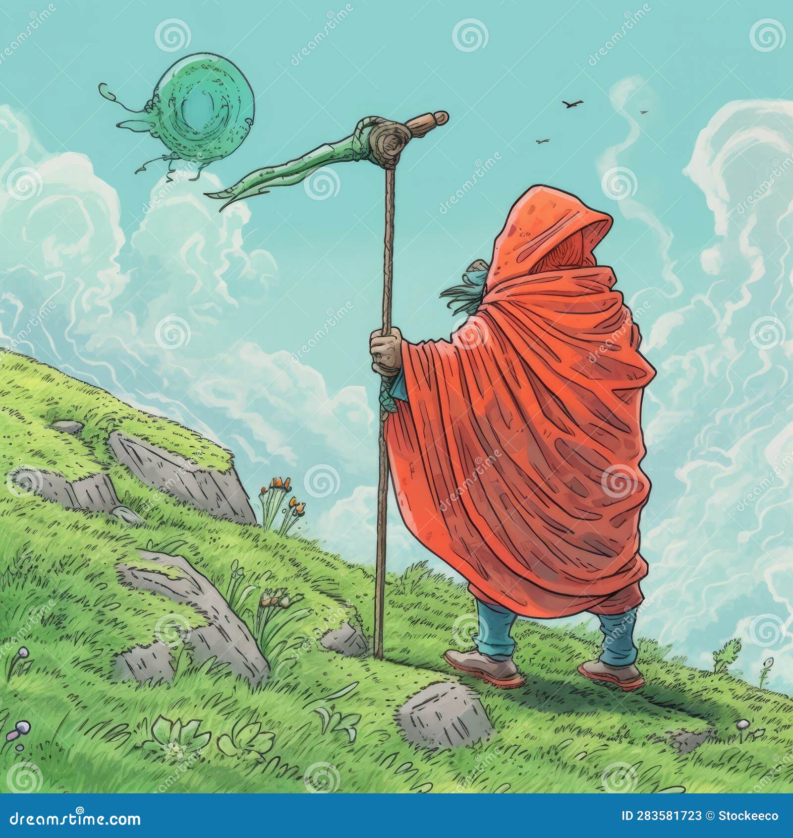 colorful moebius style: a cloaked figure overlooking a ball on a hill