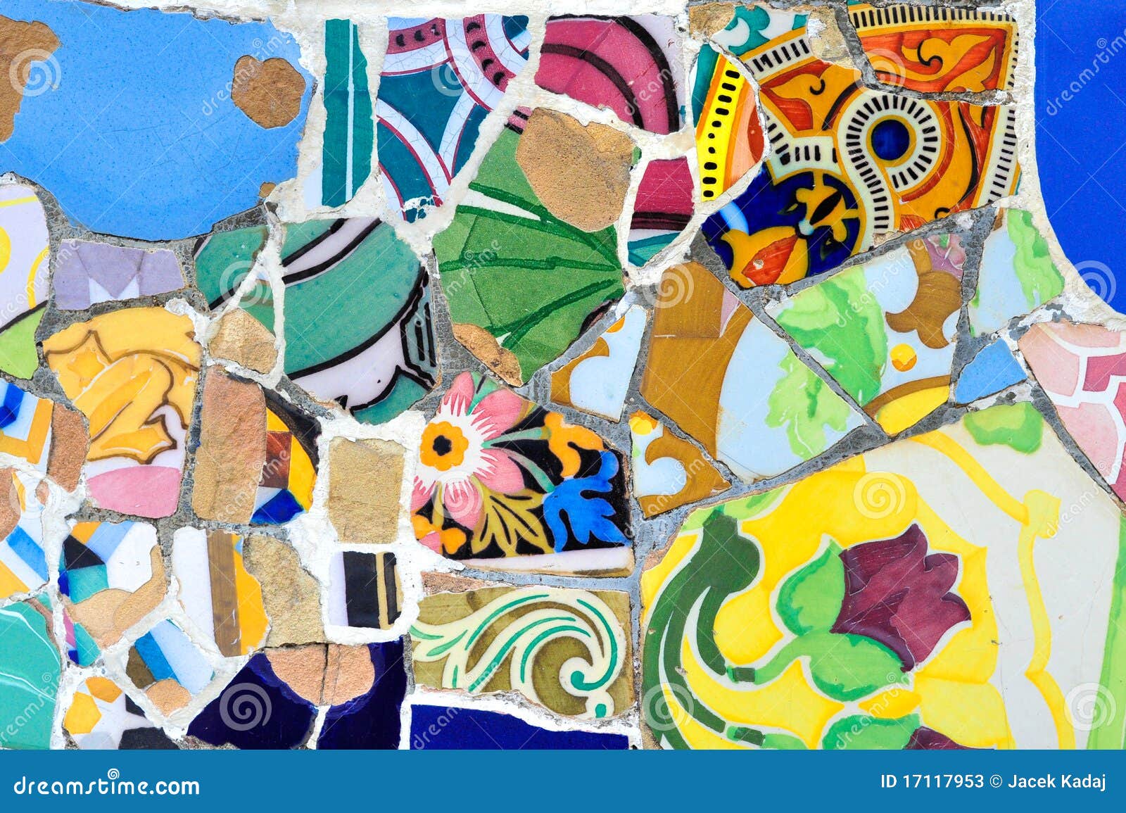 colorful mosaic in guell park, barcelona