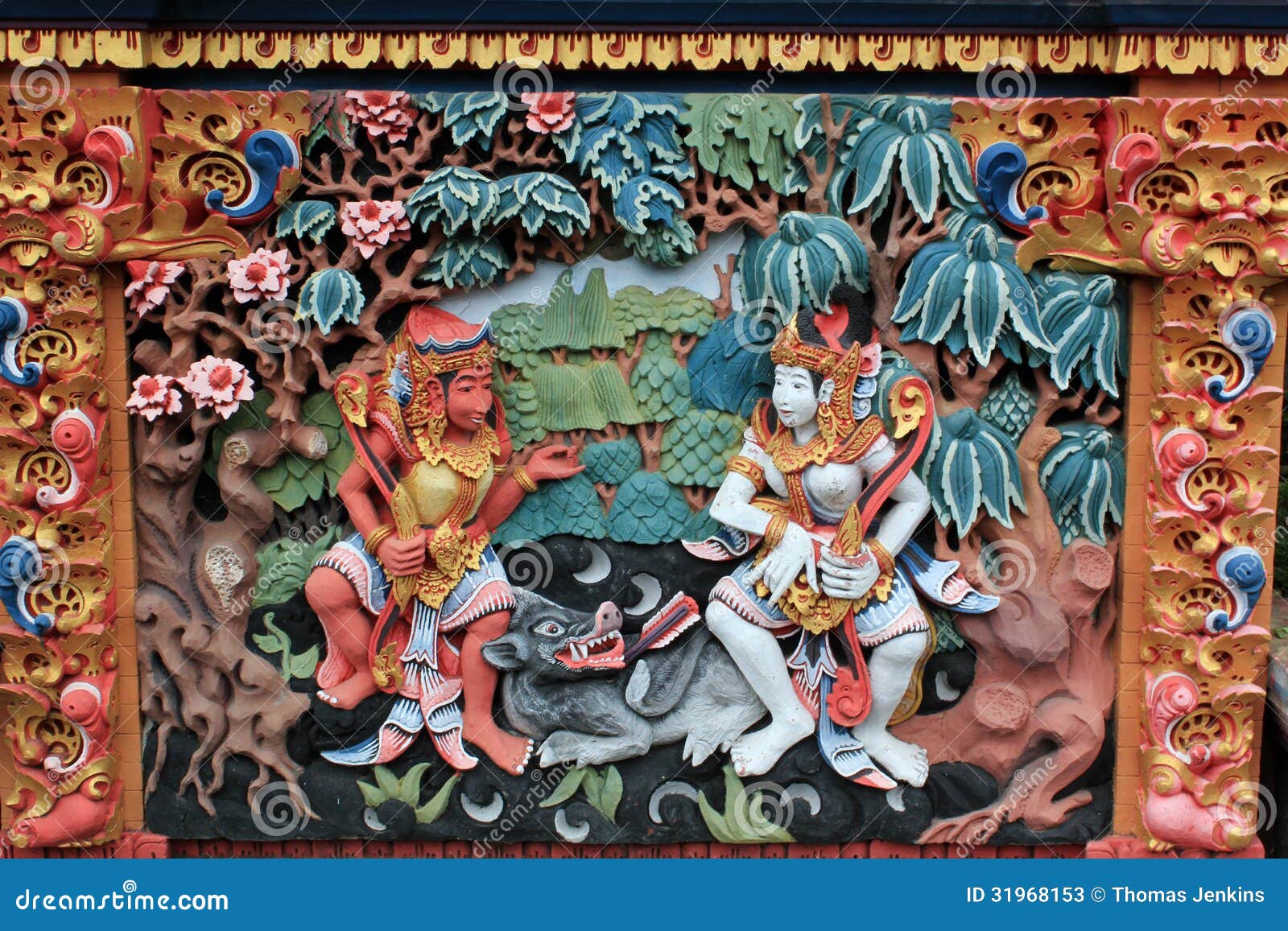 colorful mural of ramayana hindu myth in bali