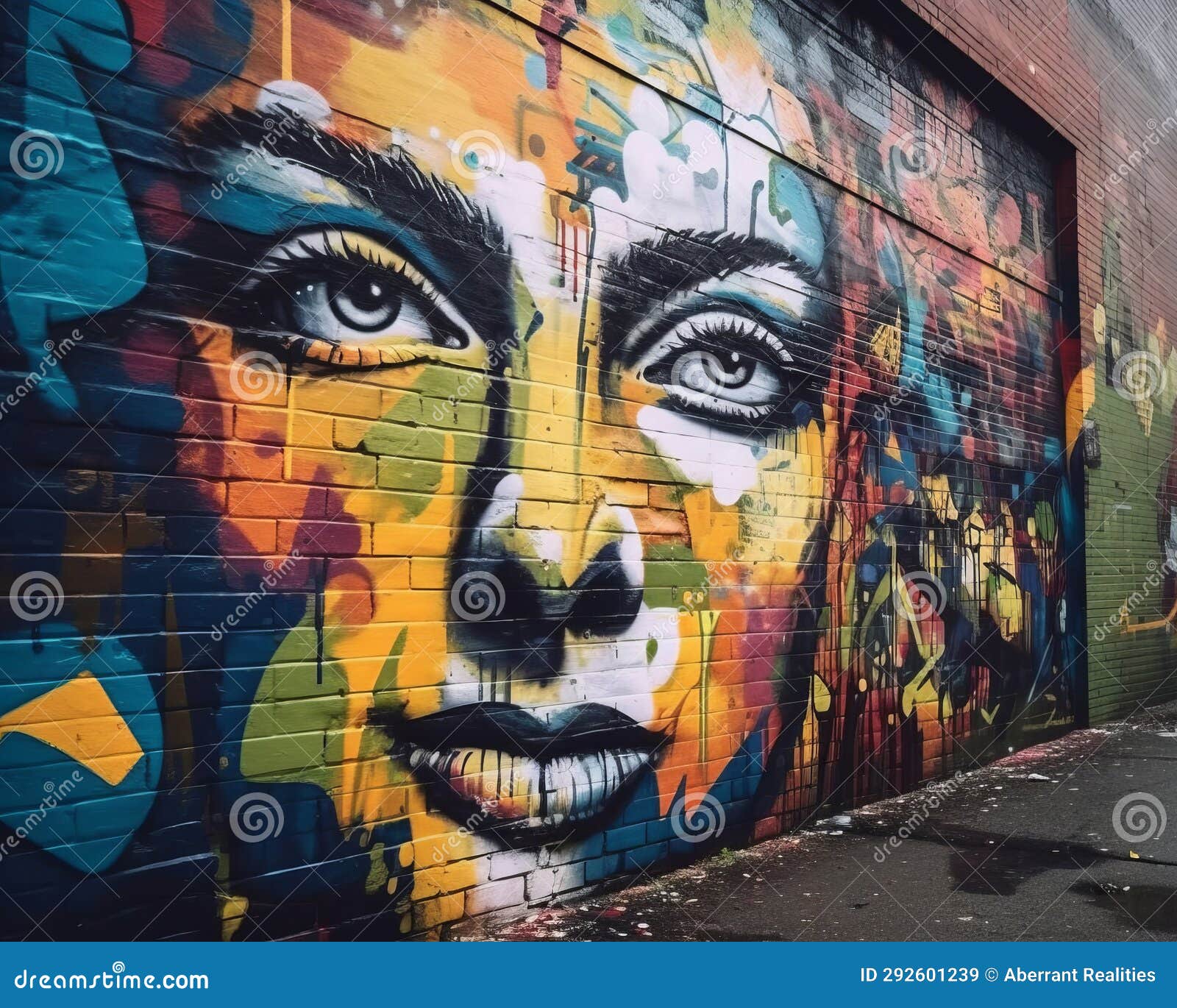 A Colorful Mural of a Womans Face on a Brick Wall Stock Illustration