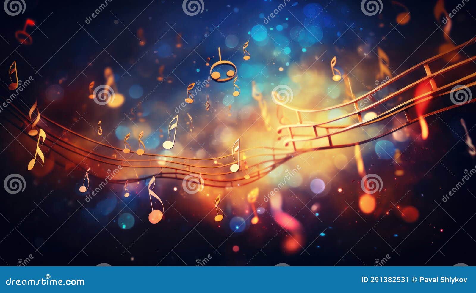 Colorful Musical Notes and Sheet Music, Artistic Illustration. Stock
