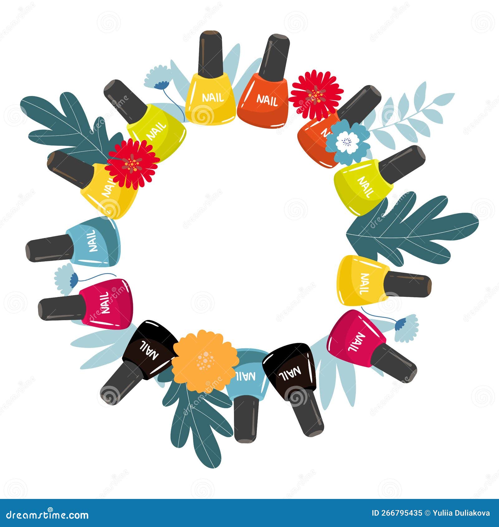 Colorful Nail Polish Bottles in Circle Frame. Nail Polish Splash Stock